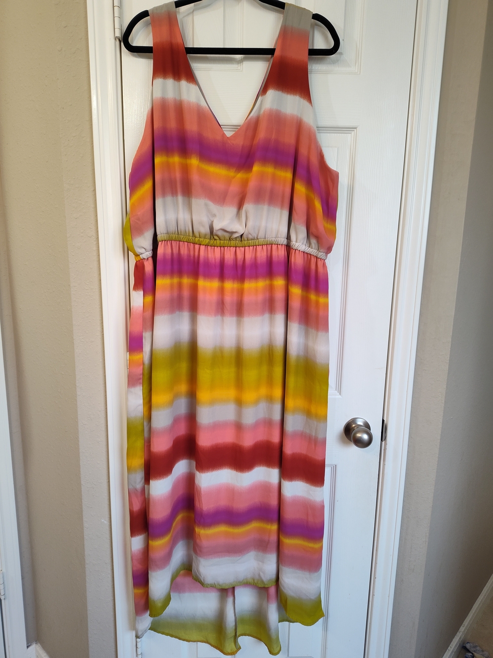 Vibrant Striped V-Neck Maxi Dress in Coral, Pink & Yellow